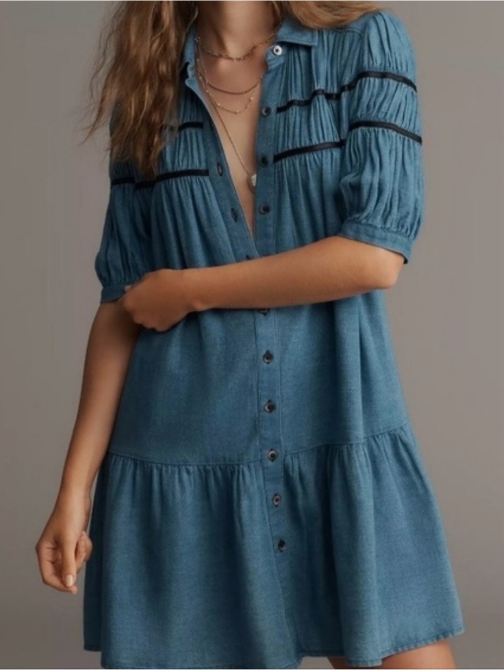 Anthropologie Maeve Denim Blue Button-Down Mini Dress.